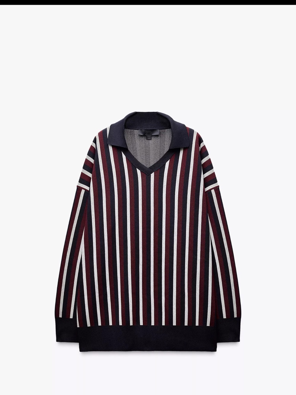 Oversized Striped V‑Neck Collared Sweater in Navy and Burgundy